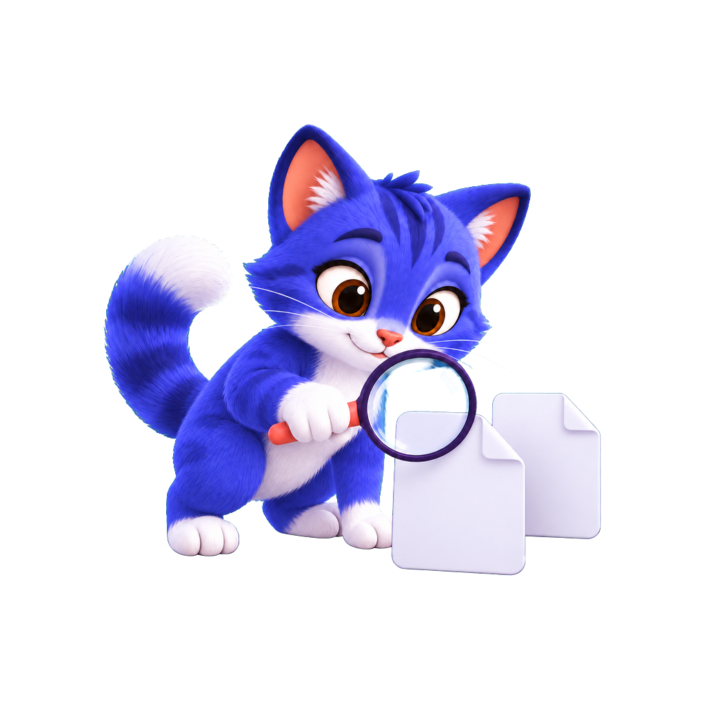 The Purrge cat inspecting files with a magnifying glass